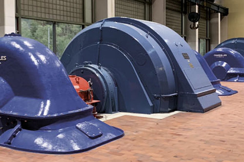 Close-up of powerful blue machinery for hydroelectric power