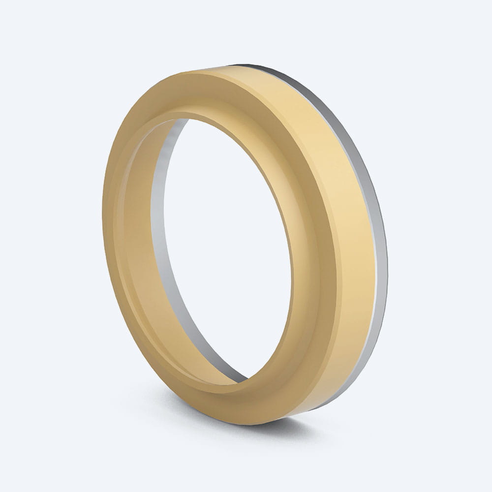 Beige colored radial shaft seal with integrated stainless steel part.